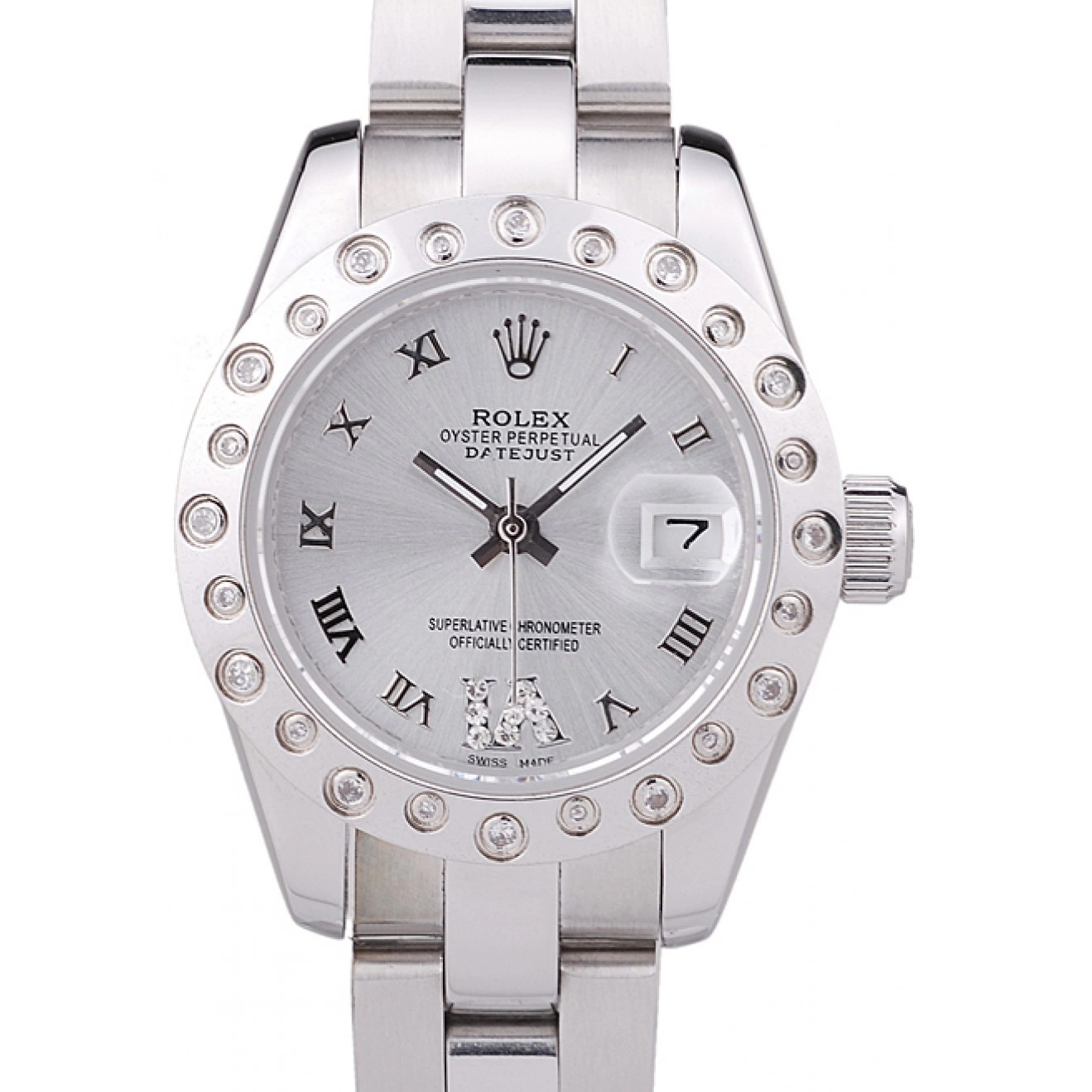 Aaa fake watches Silver Datejust Dial Silver 7474 Rolex Polished Bezel Diamonds 0727